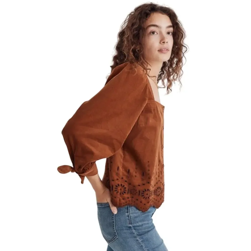 Madewell Embroidered Eyelet Corduroy Tie-Sleeve Top, Warm Coffee, Size Small